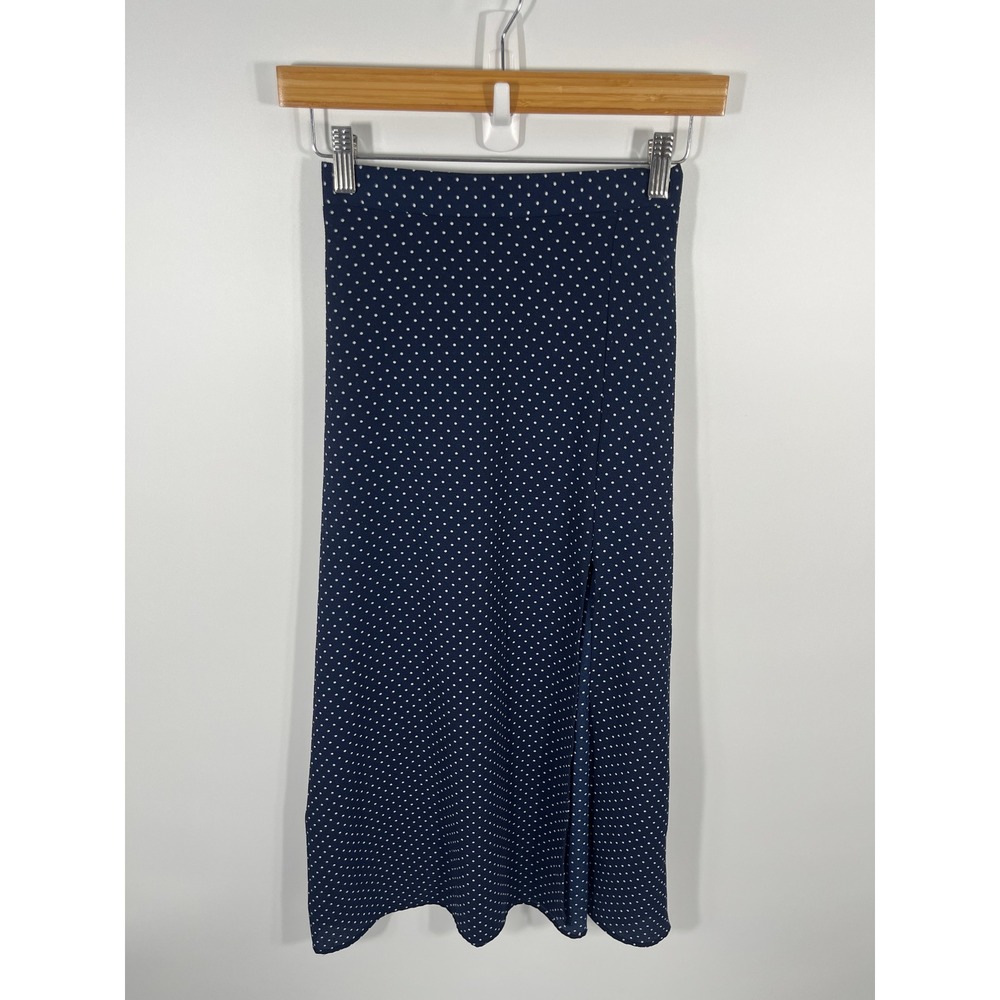 Womens Como Vintage Midi Skirt S Navy Blue Polka Dot Slit Euro Summer Chic‎